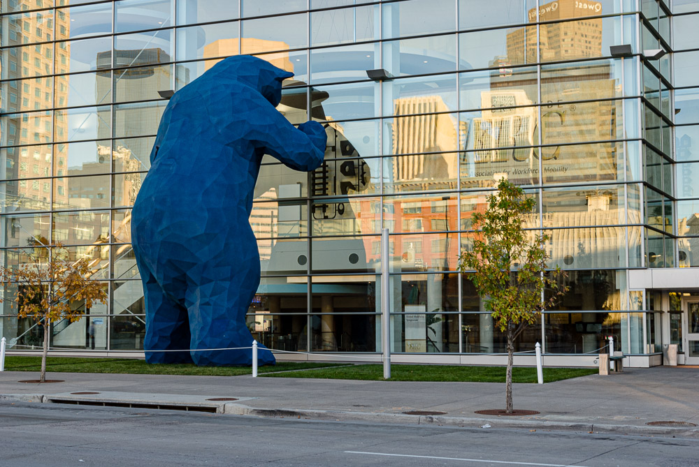 Huge blue bear peering in window