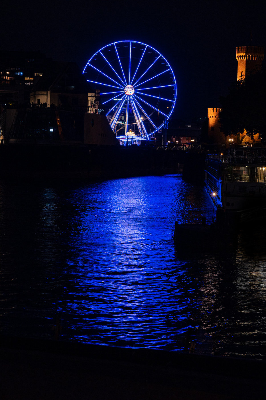 Ferris wheel reflecting in Rhine River, castles